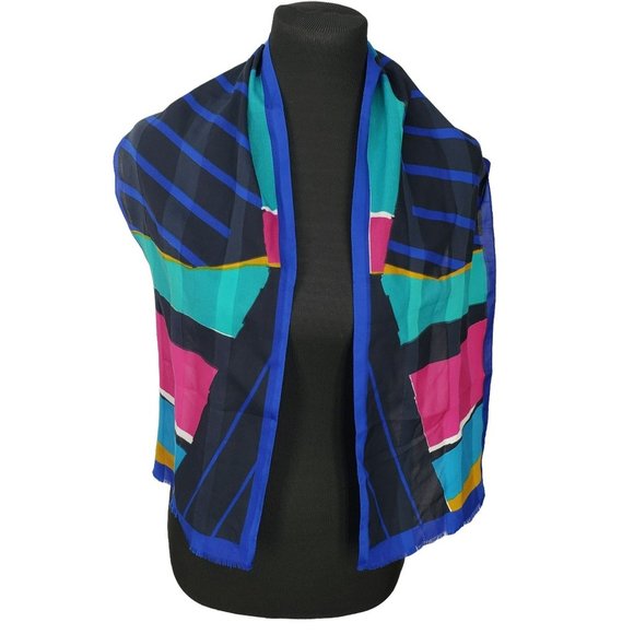 Italian Made Geometric Abstract Pink Blue Black RN 16304 Wrap Scarf - Picture 1 of 8